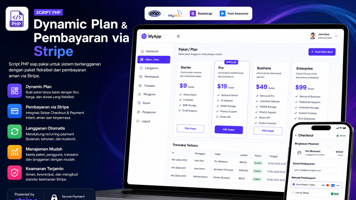 Script PHP Dynamic Plan & Pembayaran via Stripe